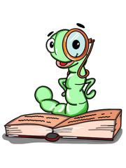 cute clever worm reading book illustration cartoon drawing