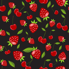 strawberry and cherry with black background.pattern,center empty