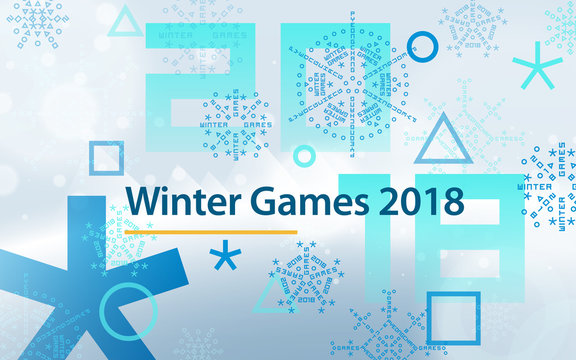 Winter sports games in Republic of Korea 2018. Light blue abstract background. Sports competitions in South Korea, February 2018. Design for banner. Symbols of sports competitions. Vector illustration