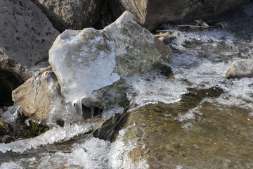 Ice forming on rocks near the bank of a cascading waterway at the start of the winter season.      





