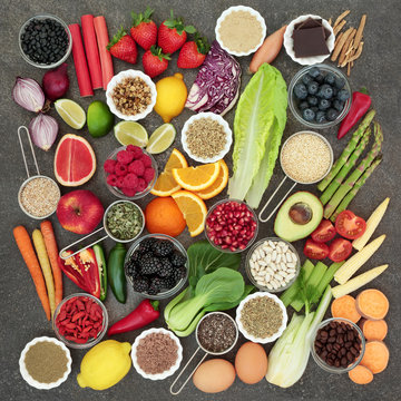 Diet health food and herbal medicine with herbs used as appetite suppressants, legumes, seeds, vegetables, fruit, coffee and supplement powders. Dieting concept . 