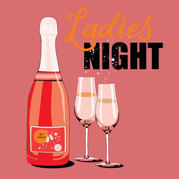 Vector illustration of bottle with two glasses and bubbles on light red background. Ladies Night.