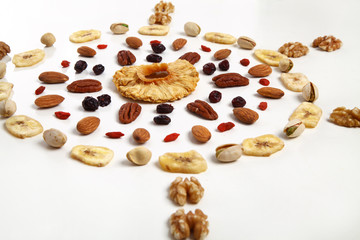 mandala of dried fruits and nuts - symbols of jewish holiday Tu Bishvat