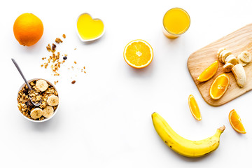 Healthy breakfast. Porridge with fruits and fresh juice. White background top view copyspace