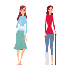 Young woman broken hand and leg vector illustration