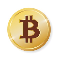 Golden shiny bitcoin icon, badge, symbol. Realistic coin with shadow on white background