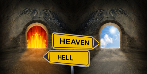Two gates to heaven and hell. Life crossroad and choice concept. 