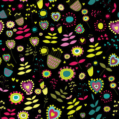 Cute flowers seamless pattern. Vector illustration of colorful flowers on black background