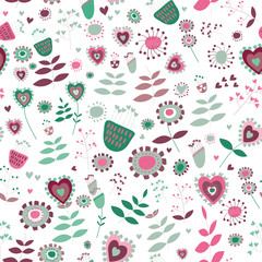 Cute flowers seamless pattern. Vector illustration of pink, purple and turquoisel flowers on white background