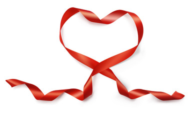 Valentine Day realistic heart from red silk ribbon vector on white background for greeting card for wedding