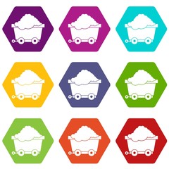 Cart on wheels with coal icon set color hexahedron