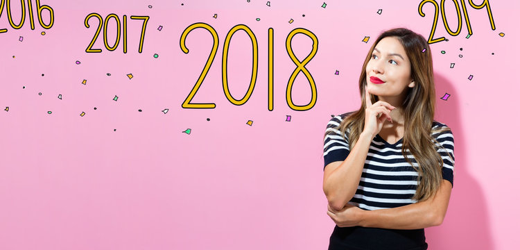 2018 with young woman in a thoughtful pose