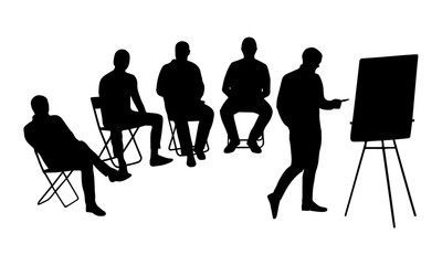 5 male silhouettes in the meeting room, 4 men are sitting on chairs, 1 man writing on a flip chart 