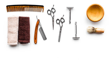 Tools for haircut and shave. Razor, sciccors, brush on white background top view copyspace