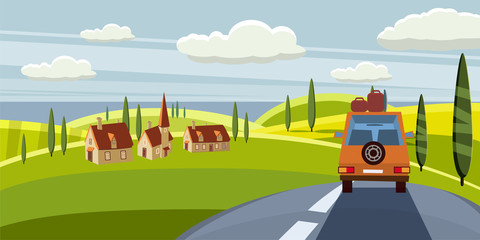 Highway travel summer, road, car, cute landscape, cartoon style, vector, illustration, isolated