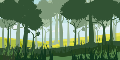 Beautiful forest landscape, trees, silhouette, cartoon style, vector, illustration, isolated