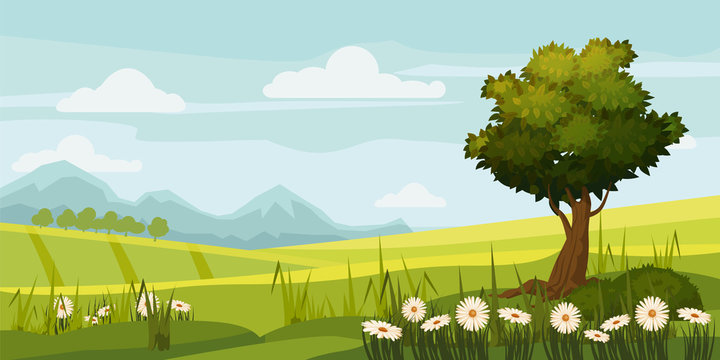 Cute rural landscape tree, field, daisy flowers, cartoon style, vector, illustration, isolated
