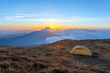 Outdoor Sport Hiking Bivouac in Mountain Landscape at Sunrise