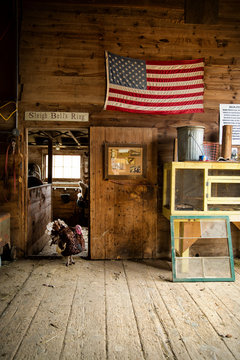 Turkey and American flag in barn