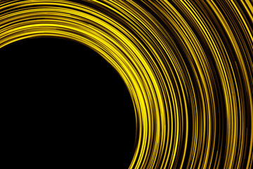 Abstract yellow glowing lines with round black empty copy space background.