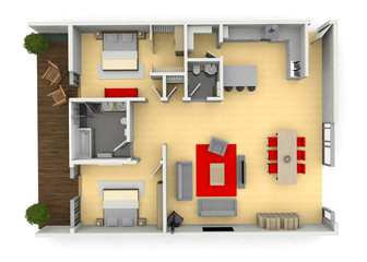 3d cgi birds eye view floorplan of a modern house or apartment - obrazy, fototapety, plakaty