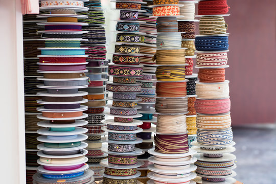 Grosgrain And Another Type Of Ribbons In A Haberdashery.