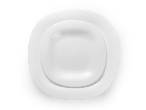 Two white modern square plates top view isolated with clipping path