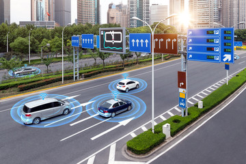 Smart car (HUD) , iot , Autonomous self-driving mode vehicle on metro city road iot concept with...