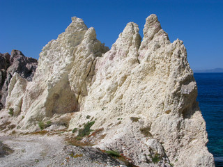Greece, Milos island. White volcanic rocks close to Firopotamos beach.