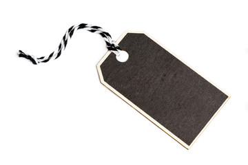 Wooden information label sign with black chalkboard empty place for text and thread for binding,...