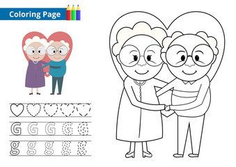 Grandparents coloring page and handwriting practice - obrazy, fototapety, plakaty
