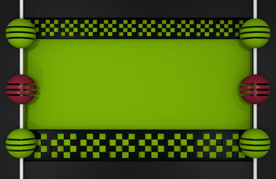 Abstrakter Hintergrund in Kastenform mit Balken aus Würfeln (oben und unten) mit Schachbrettmuster und Kugeln an einer Stange an den Seiten in schwarz und apfelgrün und altrosa. 3d render