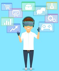 Young guy with glasses virtual reality. The development of technology. Work, entertainment, shopping in virtual reality. In flat style on blue background. Cartoon.