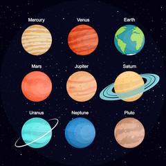 The set of planets of the solar system against the background of space. Planet names. In flat style. Cartoon.