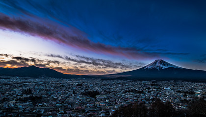 Mt. Fuji with red pagoda in autumn, Fujiyoshida, Japan