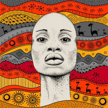 African Girl with African hand draw ethno pattern, tribal background. Beautiful black woman. Profile view. Vector illustration