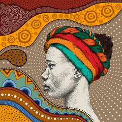 Girl in turban with African hand draw ethno pattern, tribal background. Beautiful black woman. Profile view. Vector illustration
