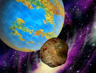 Hot stone asteroid flying to Earth. Large stone meteorite heading to Earth. 3d illustration