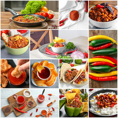 Collage of different tasty dishes with chili pepper