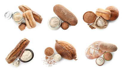 Collage with buckwheat flour and fresh bread on white background