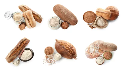 Fototapeten Collage with buckwheat flour and fresh bread on white background © Africa Studio