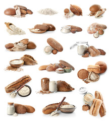Collage with buckwheat flour and fresh bread on white background