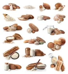 Selbstklebende Fototapeten Collage with buckwheat flour and fresh bread on white background © Africa Studio