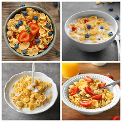 Collage with ideas for serving delicious corn flakes