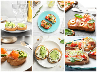 Collage with ideas for serving delicious bruschettas