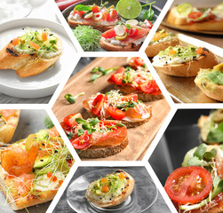 Collage with ideas for serving delicious bruschettas