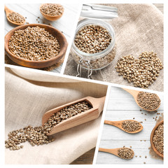 Collage with raw hemp seeds