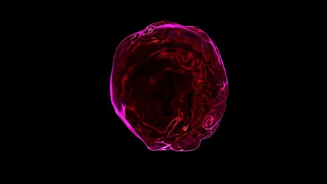 Seamlessly looped colored fluid flows with splashes around sphere, slow motion. Separated on pure black background, contains alpha channel.