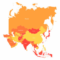 Vector Asia map with countries borders. Abstract red and yellow Asia countries on map