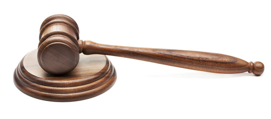 single wooden judge gavel isolated on white background
